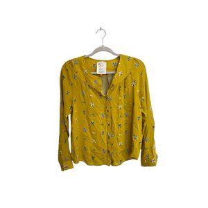 Anthropologie Conversations Mustard Yellow Bow Print Button up‎ Blouse Size 2